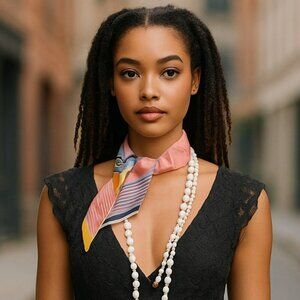 Hermès "Ex-Libris" Twilly in Rose, Pale Green and Ochre Silk